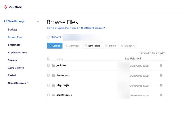 The image displays the Backblaze B2 Cloud Storage interface for browsing files.