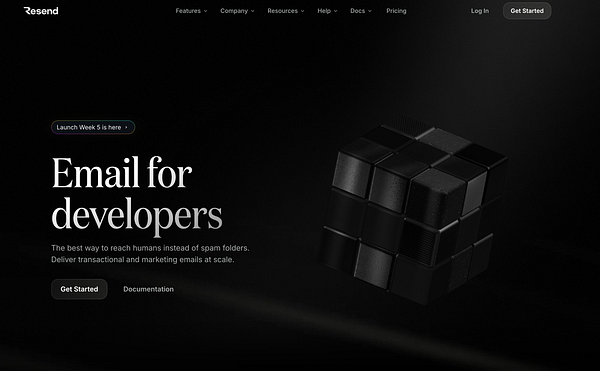 The image displays the homepage of Resend, a service for developers focused on email delivery.