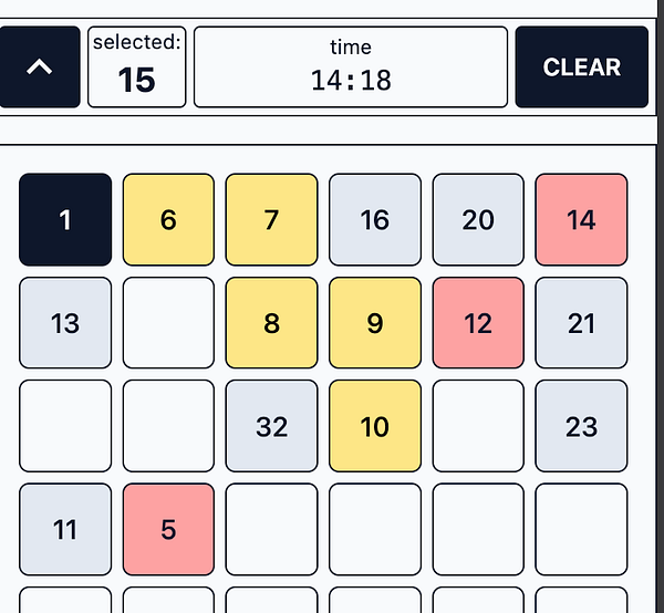 The image displays a grid-based interface for a puzzle game with various colored tiles and a timer.