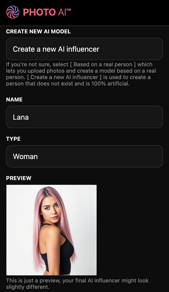 The image displays a user interface for creating a new AI influencer model in a photo generation application.
