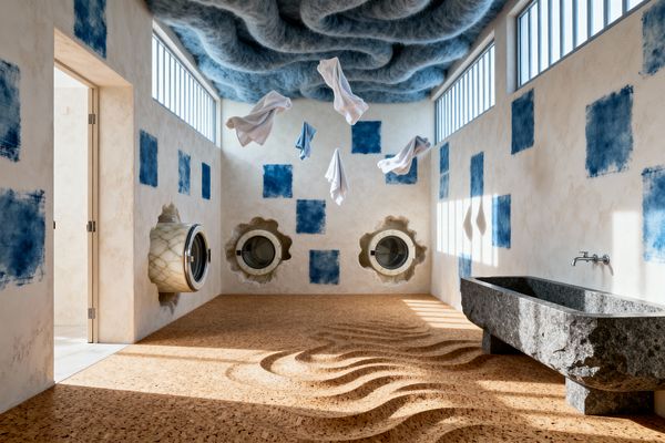 A sunlit laundry room features a sculpted blue wool ceiling like clouds, indigo square patches on plaster walls, and three front-loading washers set in gear-shaped niches, one in a translucent stone cylinder. A rippled cork floor leads to a rough-hewn gray stone utility sink, while floating towels and clerestory windows casting striped shadows heighten the surreal atmosphere.