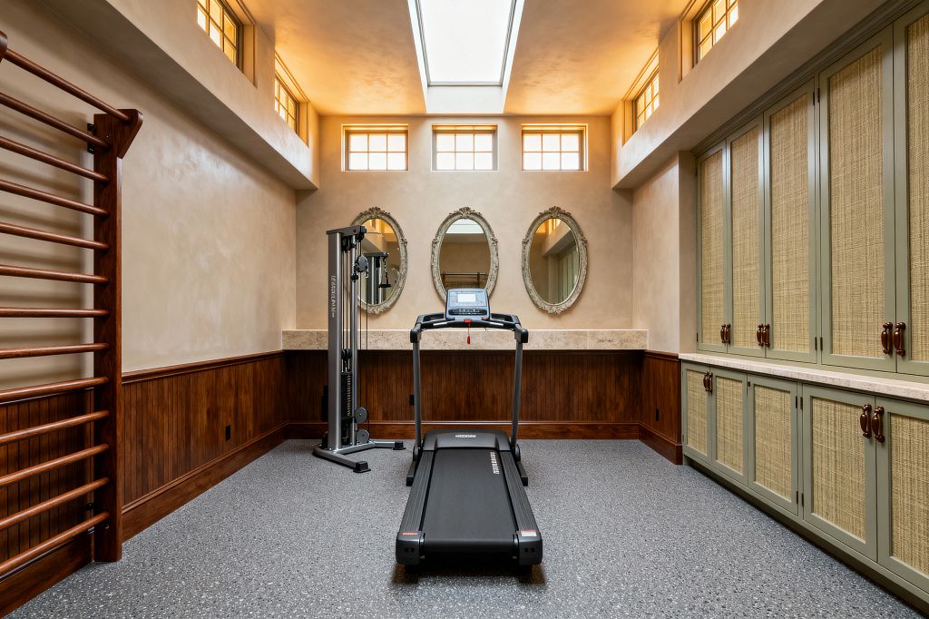 A home gym balances traditional detailing with modern machines. A treadmill and cable station sit on gray speckled rubber flooring, facing three oval ornate mirrors above dark wood beadboard and creamy plaster walls. A long central skylight and clerestory windows cast warm light. To the right, sage green built-in cabinets with woven cane doors and leather pulls provide storage, while a wood Swedish ladder anchors the left wall.