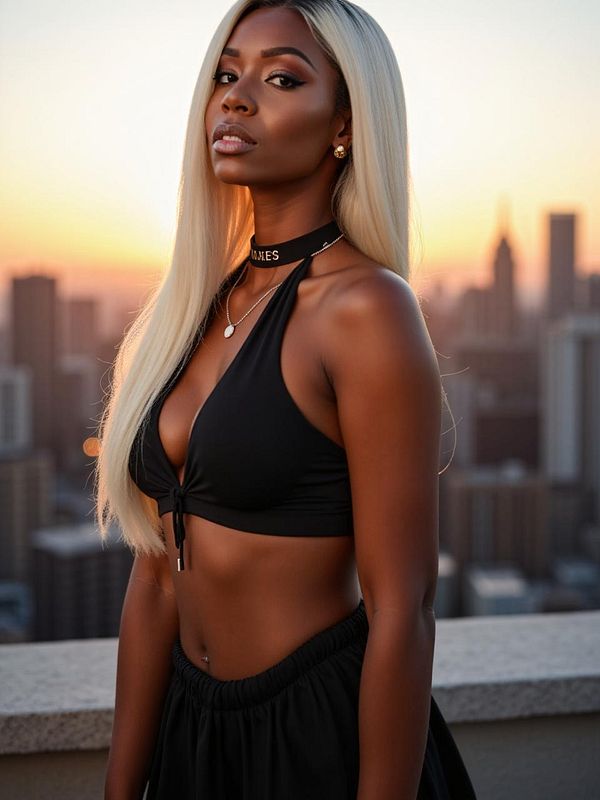A model poses against a sunset skyline, showcasing a stylish outfit and striking features.