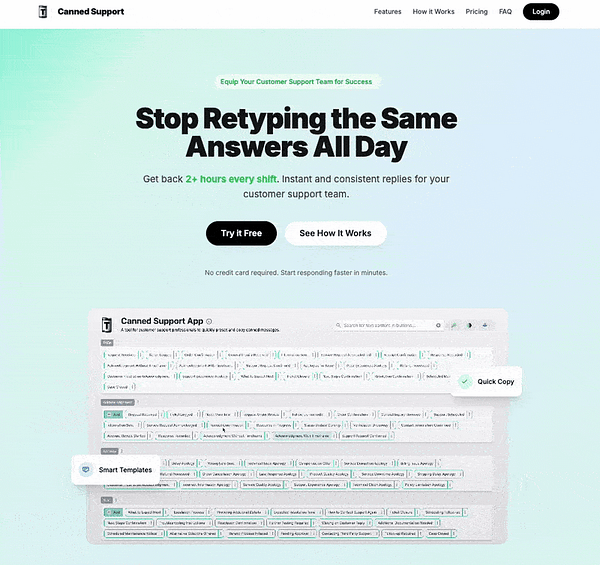 The image showcases a promotional webpage for the Canned Support tool, highlighting its features for customer support teams.