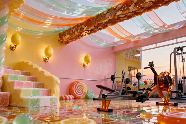 A whimsical home gym styled like a candy shop features pink and yellow plaster walls lit by lemon-shaped sconces, a sugar-cube stair with icing-like railing, and a glossy mosaic floor dotted with fruit slice motifs. Translucent gummy ribbons drape the ceiling beside a caramel-nut beam. An amber-acrylic rowing machine, weight bench with barbell, and cable machine sit near a large window glowing with sunset light.