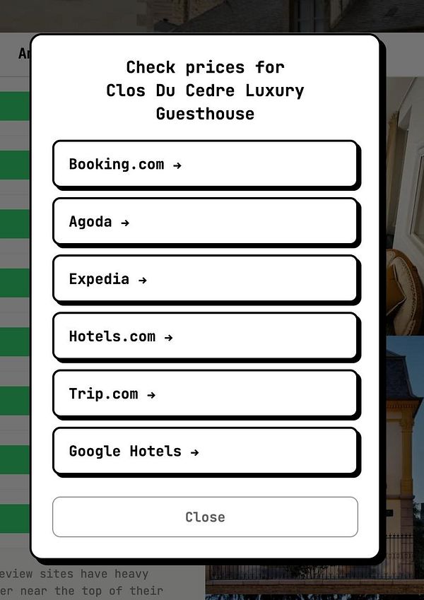 Screenshot of a hotel booking website displaying hotel search results in Amsterdam with prices, ratings, and filtering options.