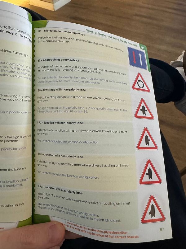The image displays a page from a driving manual focused on road signs and traffic rules.