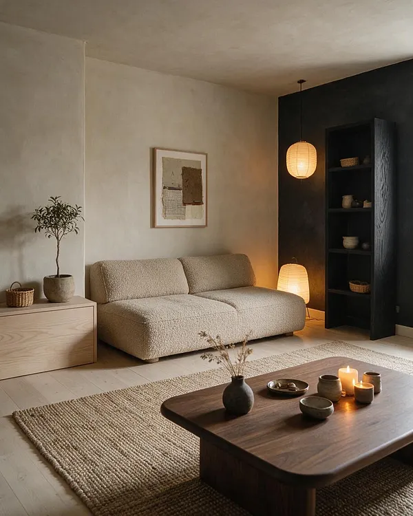 A Japandi-style game room with a low beige textured sofa, a dark wood coffee table, and a woven area rug. A black built-in shelving unit and paper lantern lights add warmth, while natural wood furniture, ceramics, candles, and soft neutral walls create a calm, minimalist atmosphere.
