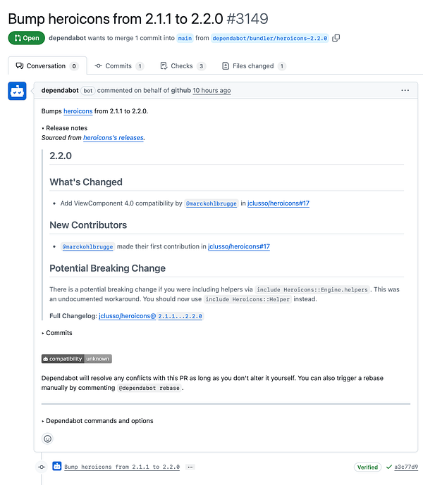 A GitHub pull request interface showing a dependency update for the heroicons library.
