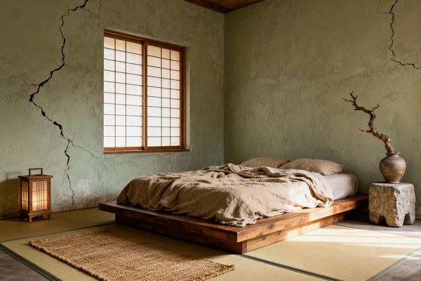 A minimalist bedroom with a low solid-wood platform bed dressed in rumpled beige linen sits on tatami mats beside a jute rug. Soft daylight filters through wood-framed shoji screens, grazing sage green plaster walls with visible cracks; a wooden lantern glows near the window, while a rough stone stool holds an earthenware vase with a bare branch.