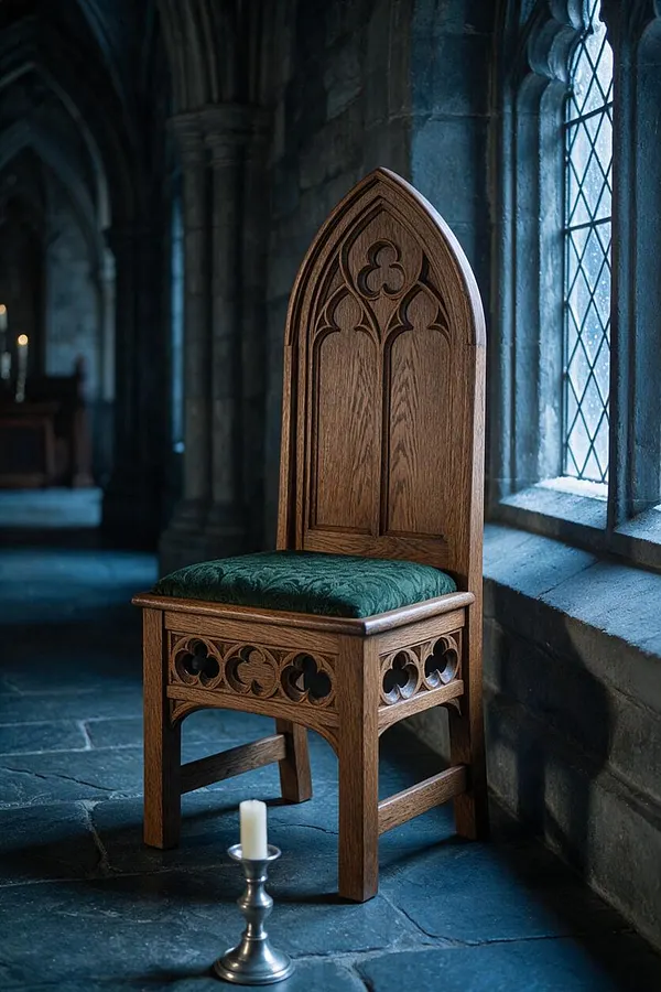 A tall Gothic-style wooden chair with a pointed arch back and carved quatrefoil details sits beside a leaded stained-glass window in a stone interior. The seat is upholstered in dark green fabric, and a small silver candle holder stands on the floor in front of it.