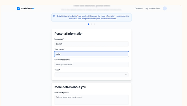 The image displays a user interface for the IntroMakerAI application, focusing on personal information input fields.