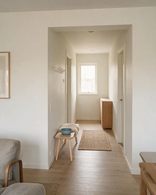 A narrow Scandinavian entryway with white walls, light wood flooring, and a simple woven runner leading to a bright window. A small wooden bench with a soft cushion and blue bowl sits on the left, while a slim oak cabinet stands near the end of the hall.
