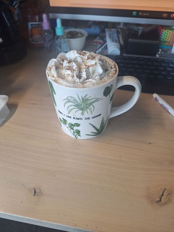 A decorative coffee mug filled with whipped cream and cocoa sits on a wooden desk.