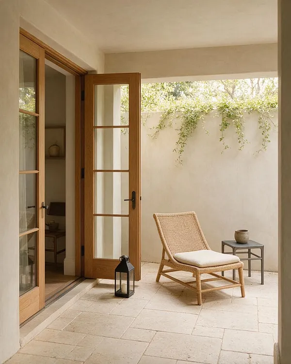 A serene transitional courtyard with tall wood-framed French doors opening to a pale stone patio. A woven lounge chair with a light cushion sits beside a small metal side table and a black lantern, while soft greenery drapes over a smooth stucco wall.