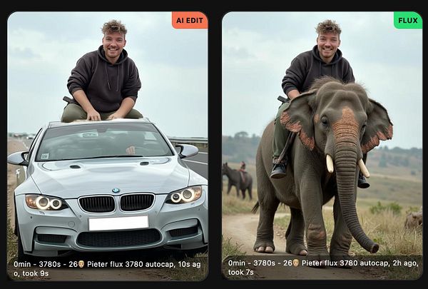 The image features a side-by-side comparison of two edited photos of a man, one with a car and the other with an elephant.
