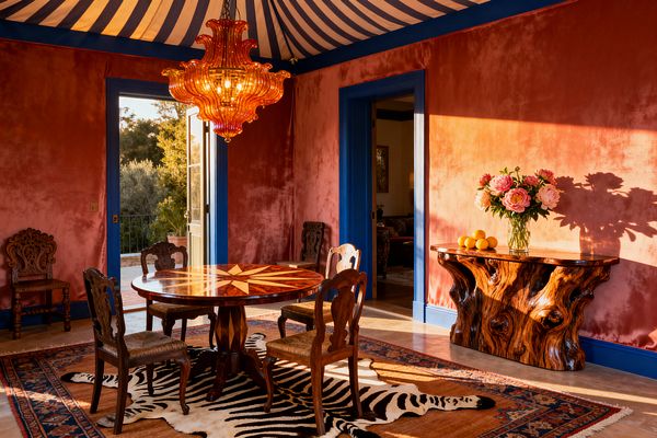 A maximalist dining room with coral velvet walls and cobalt-blue trim, a tented blue-and-white ceiling, and an amber glass chandelier over a round starburst marquetry table. Carved wood chairs with cane seats sit on a patterned rug layered with a zebra hide, while a glossy burl-wood console displays pink peonies and lemons beside an open French door flooding the space with warm sunlight.