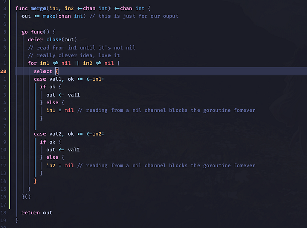 The image displays a code snippet written in Go programming language, focusing on merging two channels of integers.