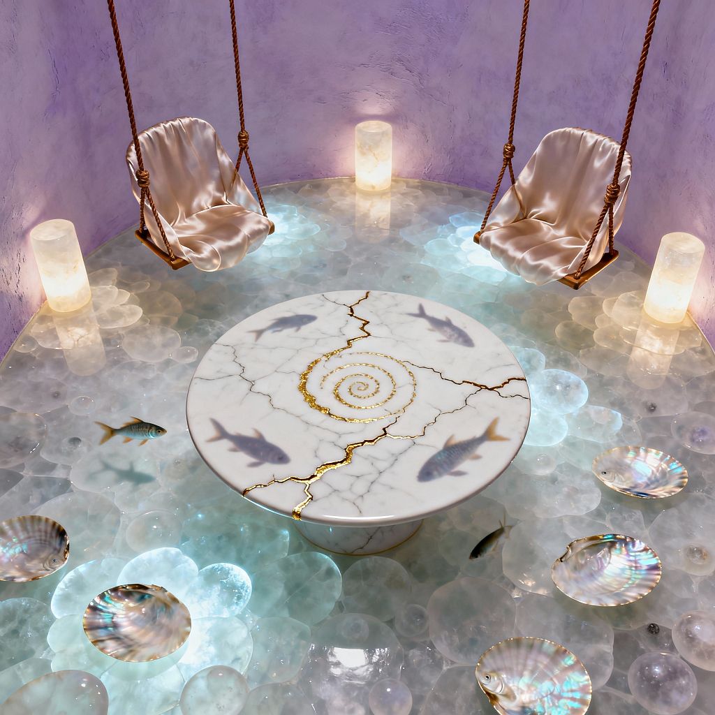 A surreal dining room features a round white marble pedestal table with gold kintsugi cracks and a central spiral, flanked by two rope-hung swing chairs draped in pearly satin. The translucent resin floor, lit from below in cool blue, shows bubble-like discs, fish silhouettes, and iridescent shells, while lavender plaster walls and two cylindrical alabaster lamps emit a soft glow.