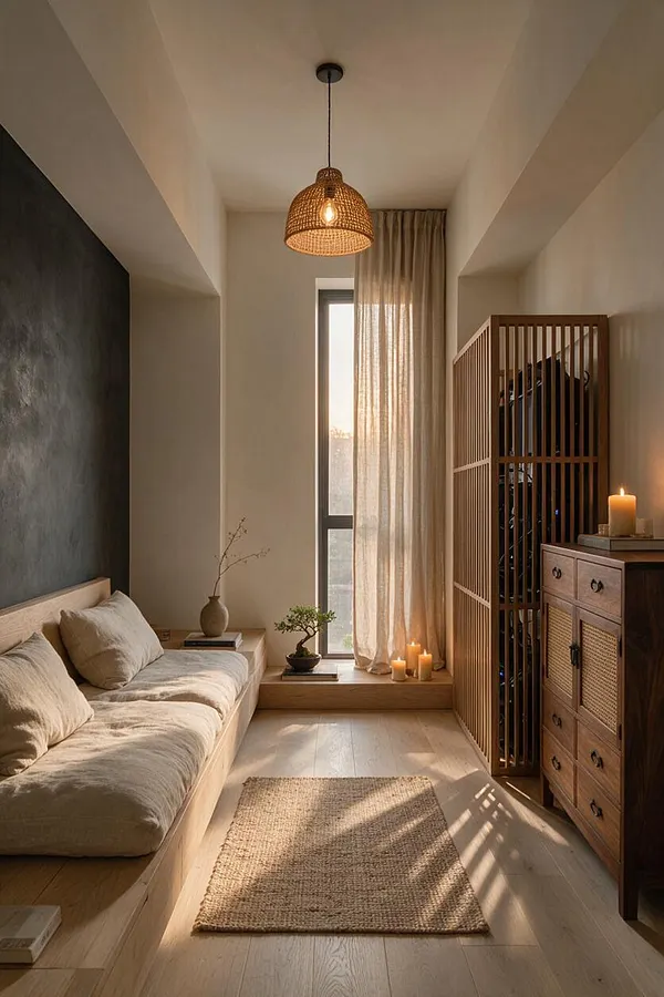 A narrow Japandi-style media room with a low built-in daybed on the left, topped with neutral cushions and linens. A woven pendant light hangs overhead, while a tall window with sheer curtains brings in soft daylight beside a wooden slatted storage unit and candle accents.