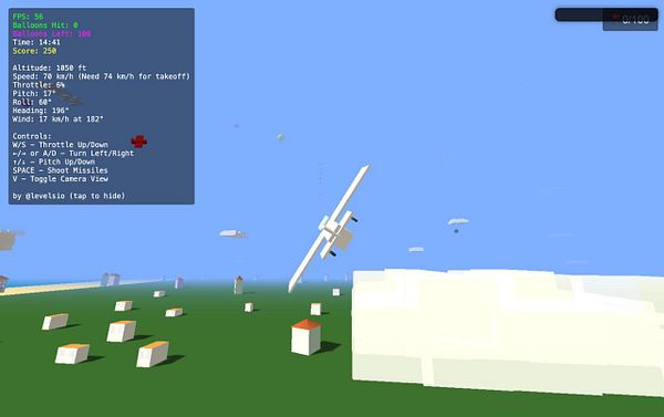 A flight simulation interface displaying an aircraft in a colorful, blocky environment.