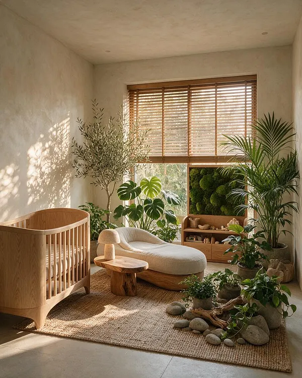 A serene nursery with a light wood crib, a cream upholstered lounge seat, and many potted green plants arranged around the room. Warm sunlight filters through wooden blinds over a window, casting soft shadows across textured plaster walls, a woven rug, and a small wooden shelf with natural decor.