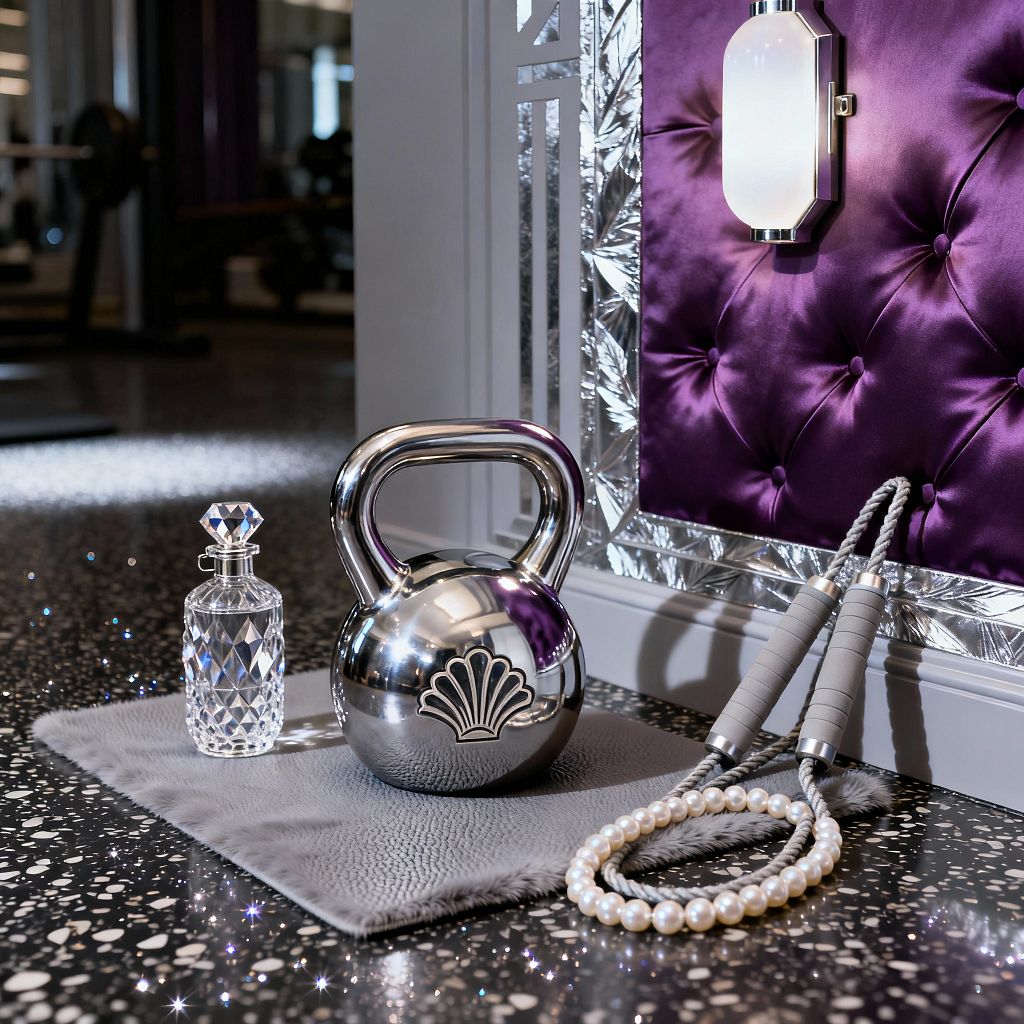 A close-up of a vintage-glam home gym corner shows a deep amethyst, diamond-tufted satin wall panel framed by beveled mirrors, with a frosted glass sconce casting a soft glow. On a gray faux-fur mat sit a polished chrome kettlebell with an Art Deco shell emblem, a faceted crystal bottle, and a gray-handled jump rope draped with a strand of pearls, all resting on black terrazzo flooring flecked with white.