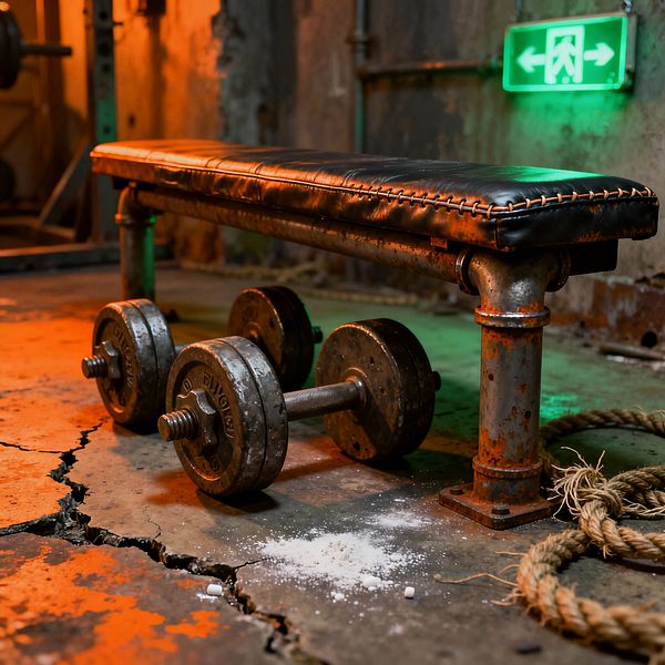 A rugged home gym scene features a narrow flat bench upholstered in scuffed black leather with heavy tan stitching, mounted on rusted steel pipe legs over a cracked concrete floor. Two worn cast-iron dumbbells, a coiled manila rope, a dusting of lifting chalk, and distressed walls with exposed conduits sit under moody orange and green lighting, while a glowing green exit sign punctuates the industrial, post-apocalyptic atmosphere.