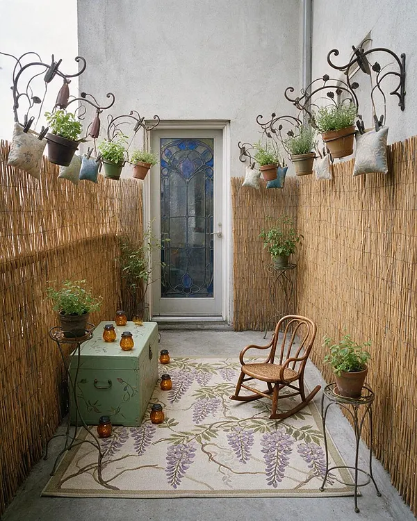 A narrow patio features a decorative stained-glass door, bamboo reed fencing, and curving wrought-iron plant hangers along both walls. A floral area rug, small lanterns, potted herbs, a mint-green storage chest, and a bentwood rocking chair create a cozy Art Nouveau-inspired setting.