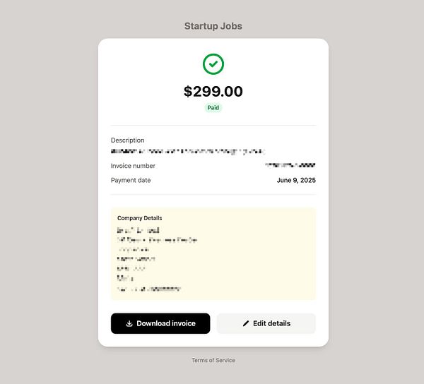 The image displays a digital invoice summary for a payment of $299.00.