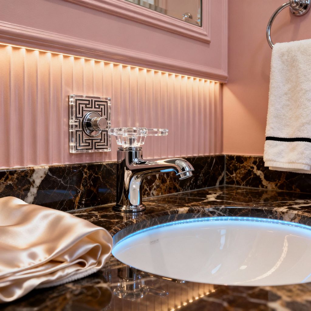 Close-up of a Hollywood Regency bathroom vanity featuring blush pink fluted wall paneling beneath a framed mirror, illuminated by a warm LED strip. A polished chrome faucet sits on a glossy dark brown marble countertop with white veining beside a champagne satin cloth; an oval undermount sink glows with a blue LED rim, while a square Greek key backplate with a crystal knob and a chrome towel ring with a white towel add sparkling accents.