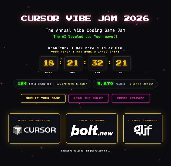 Screenshot of the VibeJam website showing 616 players online and navigating options.