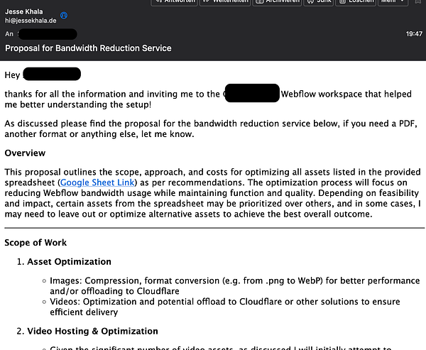An email proposal outlining a bandwidth reduction service for Webflow assets.