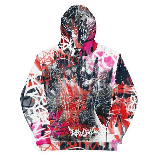 A vibrant, artistic hoodie featuring a mix of abstract designs and colors.