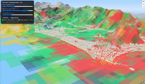 3D visualization of Rio de Janeiro's neighborhoods with color-coded areas, landmarks, and labeled points.