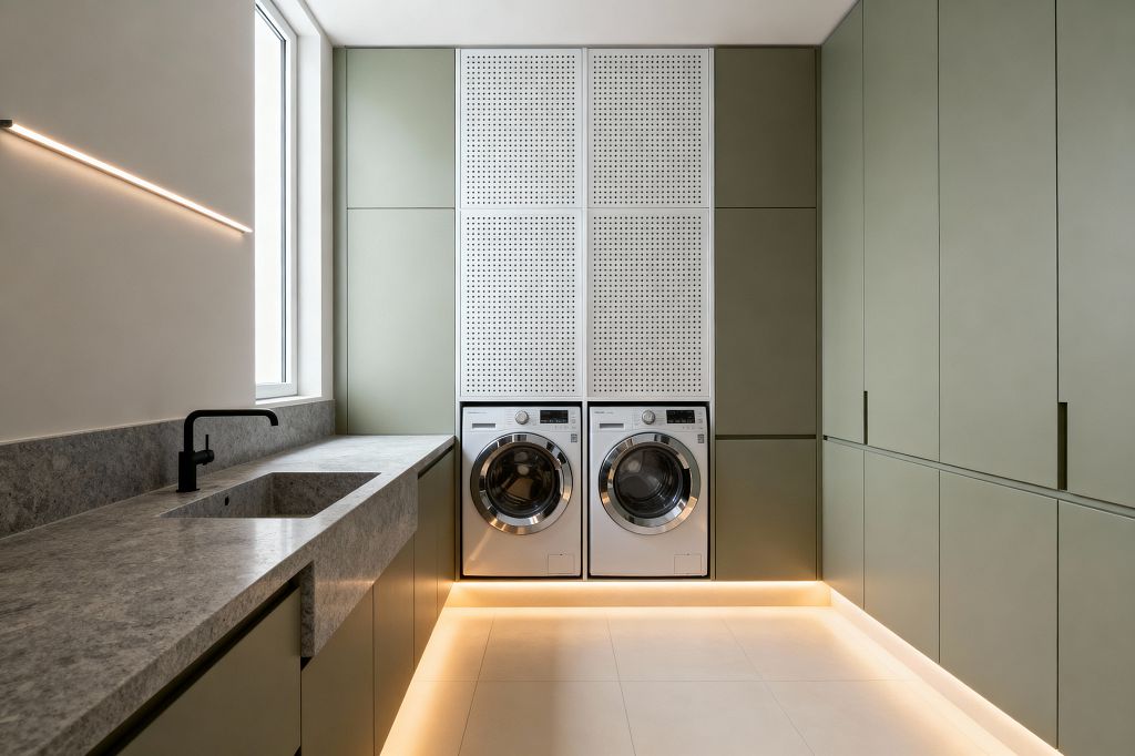 A minimalist laundry room with matte sage-green floor-to-ceiling cabinets and two front-loading machines set beneath white perforated panels. A long gray stone countertop with integrated rectangular sink lines the left wall, paired with a matte black faucet. Natural light enters through a tall window; a slim linear wall light adds task lighting. Warm LED toe-kick lighting washes the pale porcelain floor tiles, emphasizing clean lines and concealed storage.