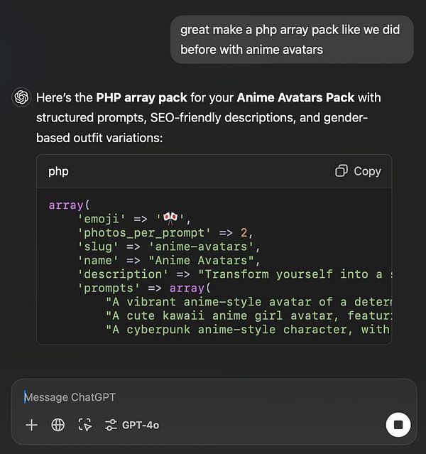 The image displays a PHP array structure for an Anime Avatars pack.