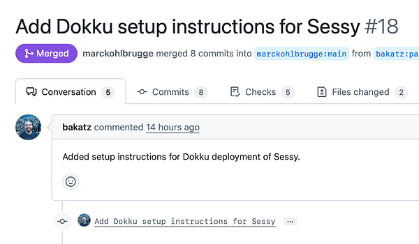 Screenshot of a Pull Request page on GitHub for merging a branch related to Dokku docs.