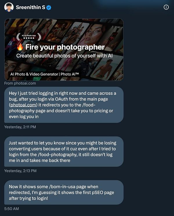 A Twitter conversation discussing a redirect bug affecting user login on a photo generation website.