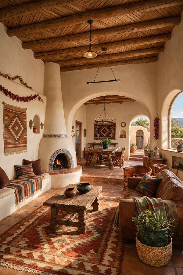 A Southwestern-style covered patio or outdoor living room with smooth adobe walls, exposed wood beam ceiling, and a rounded fireplace trimmed in patterned tile. The space includes terracotta floor tile, rustic wood furniture, leather seating, woven textiles, and arched openings overlooking the landscape.