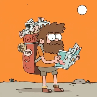 A cartoon character with a backpack is reading a map in a desert-like setting.