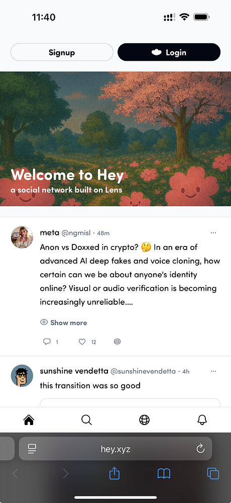The image displays a mobile interface of the Hey social network with a colorful background and user posts.