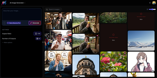 User interface of an AI image generator web application showing a generated image and controls for generation settings.