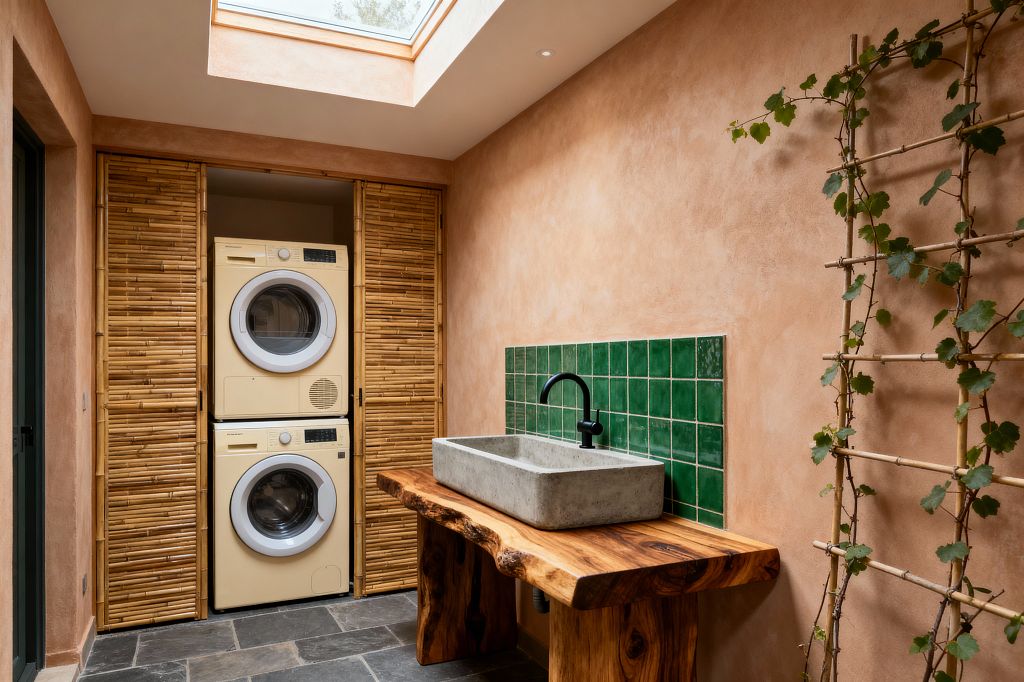 A compact laundry room with terracotta clay-plaster walls is lit by a large skylight. On the left, bamboo-slatted sliding doors reveal stacked cream washer and dryer units. On the right, a live-edge wooden counter holds a rectangular concrete trough sink beneath a matte black wall-mounted faucet and a small backsplash of glossy green square tiles. The floor is dark slate, and a bamboo trellis supports a leafy climbing vine along the wall.