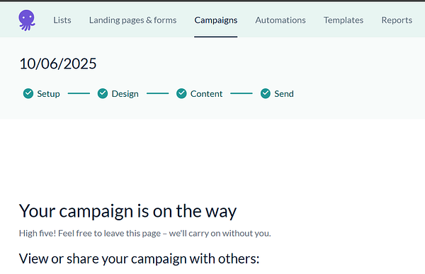The image displays a campaign management interface indicating the completion of a newsletter campaign.