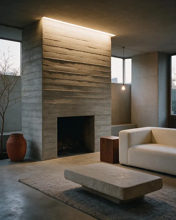 A Brutalist living room with a large ribbed concrete fireplace centered in the space, tall windows on both sides, and a warm pendant bulb hanging near the back wall. A cream textured sofa, a low stone coffee table, a small wood side table, and a clay vase soften the stark architecture with organic shapes and neutral tones.