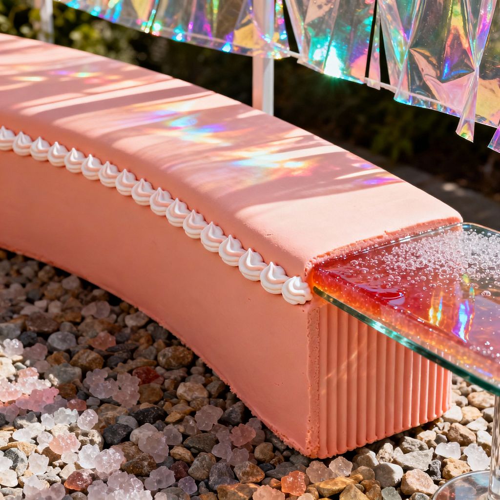 Close-up of a playful outdoor vignette: a curved bubblegum-pink bench with piped white frosting-like trim and ribbed end sits on mixed pebbles and pink crystal-like gravel. A cantilevered cherry-red glass slab with a glossy, bubble-speckled surface extends from the bench as iridescent plastic fringe above casts rainbow reflections across the seat in bright sunlight.