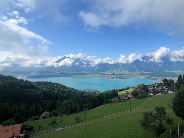 A breathtaking panoramic view of a Swiss landscape featuring a lake, mountains, and quaint houses.