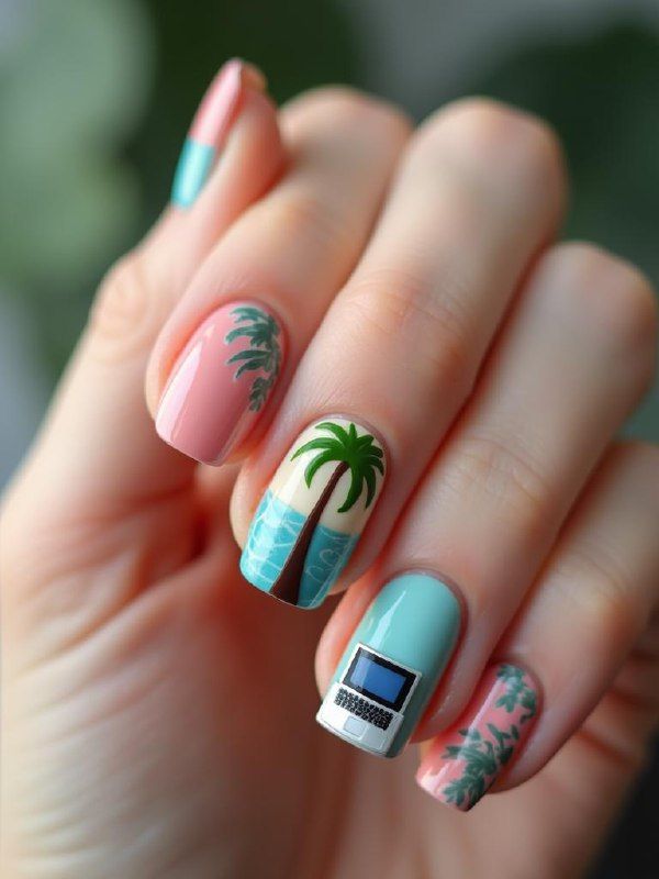 A hand displaying colorful nail art featuring tropical designs and a laptop motif.
