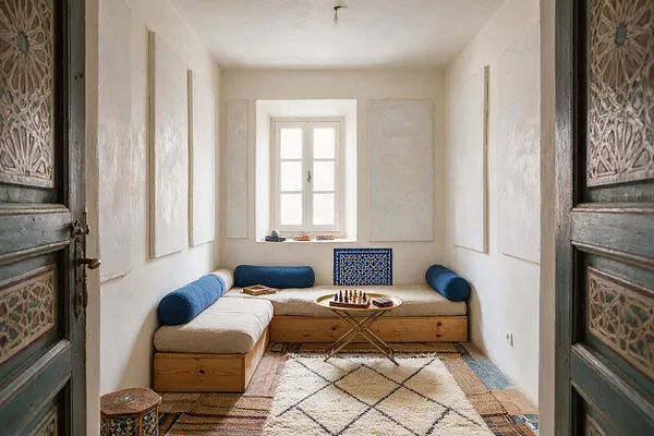 A narrow Moroccan-style game room with white plaster walls, carved wooden doors, and a built-in low lounge around the perimeter. The seating has beige cushions with deep blue bolsters, centered around a small brass folding table holding a chessboard, with layered patterned rugs and a small window bringing in soft daylight.
